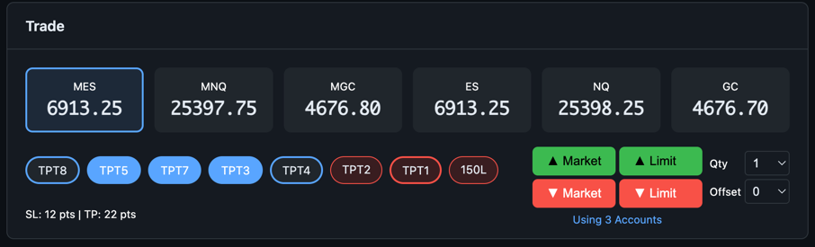 Select Multiple Accounts - showing 3 accounts selected for simultaneous trading