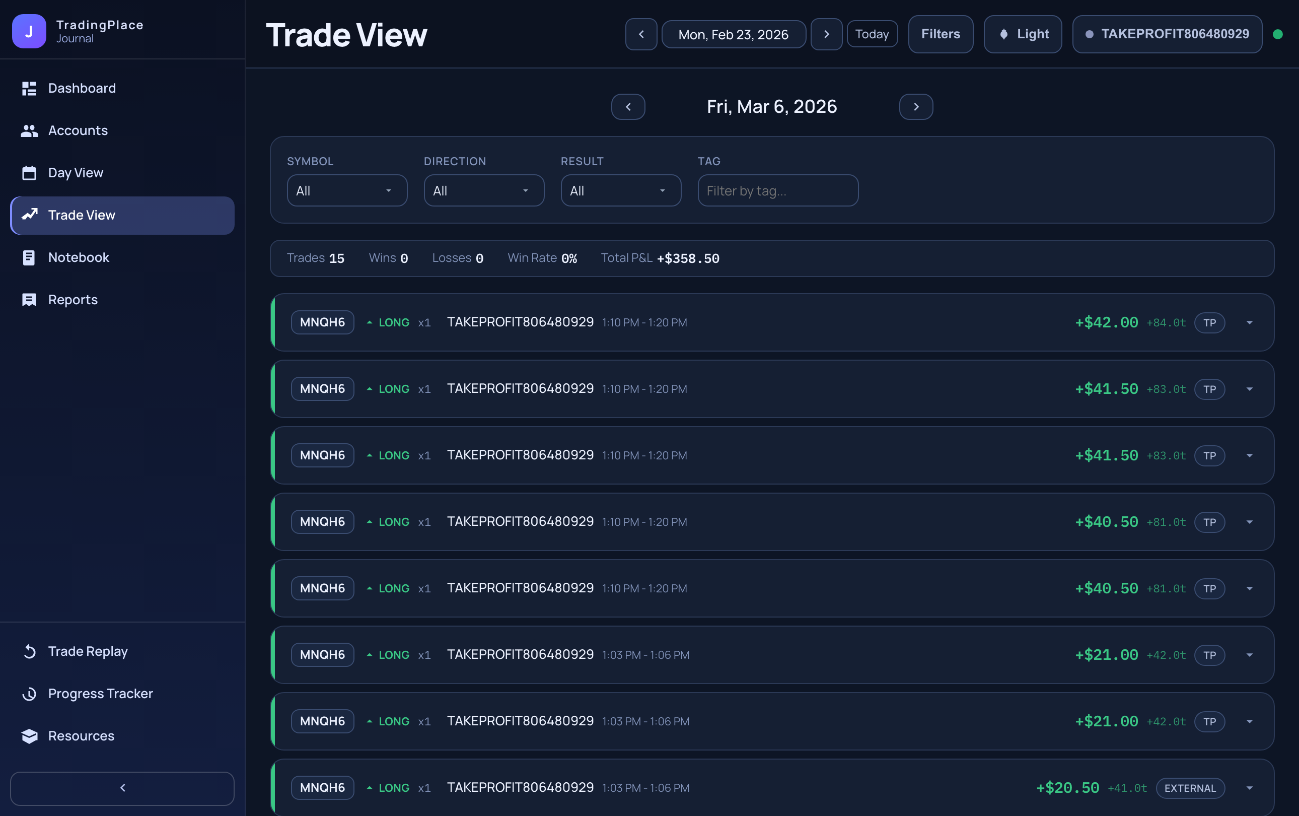 Journal trade list view with account filter and trade details